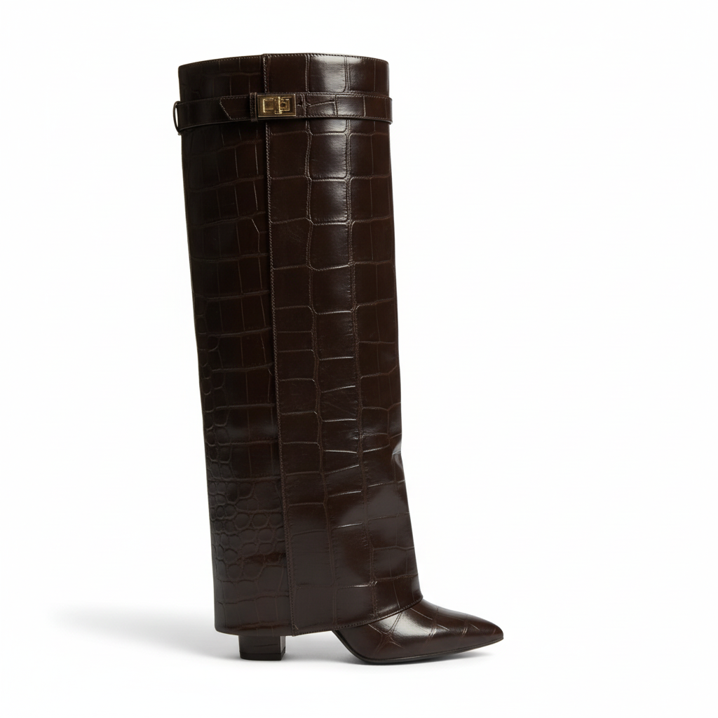 Saphira Hoge Laarzen – Donkerbruin Croco Lederlook
