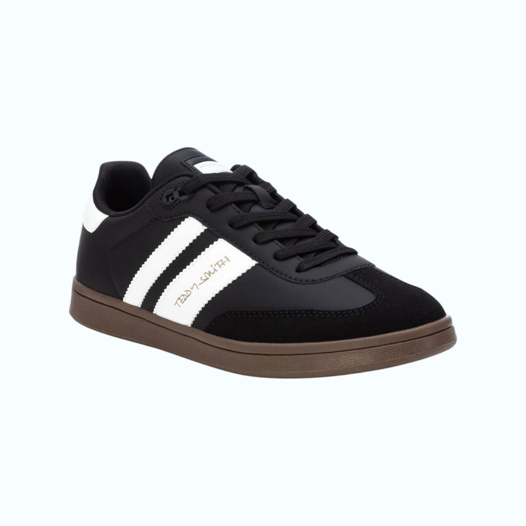 So and Ro - shoes and more - Teddy Smith Dennis herensneakers in zwart met witte strepen en bruine retro zool
