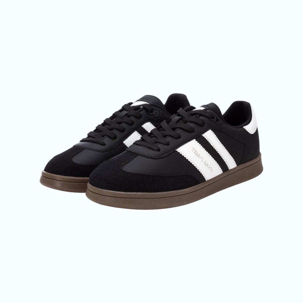 So and Ro - shoes and more - Teddy Smith Dennis herensneakers in zwart met witte strepen en bruine retro zool