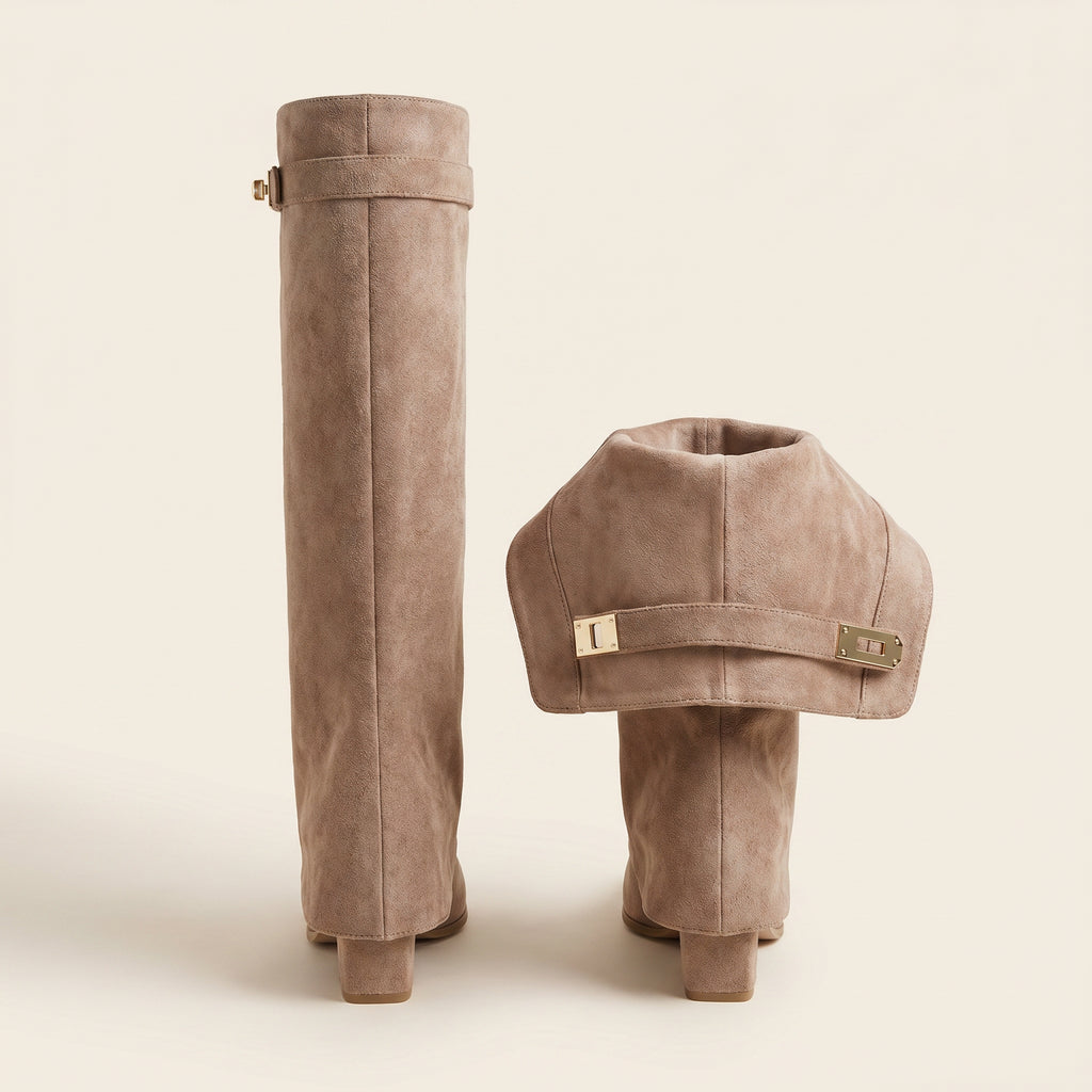 Fold Over Knee High Boots – Taupe Suède Look | Fes – achterkant