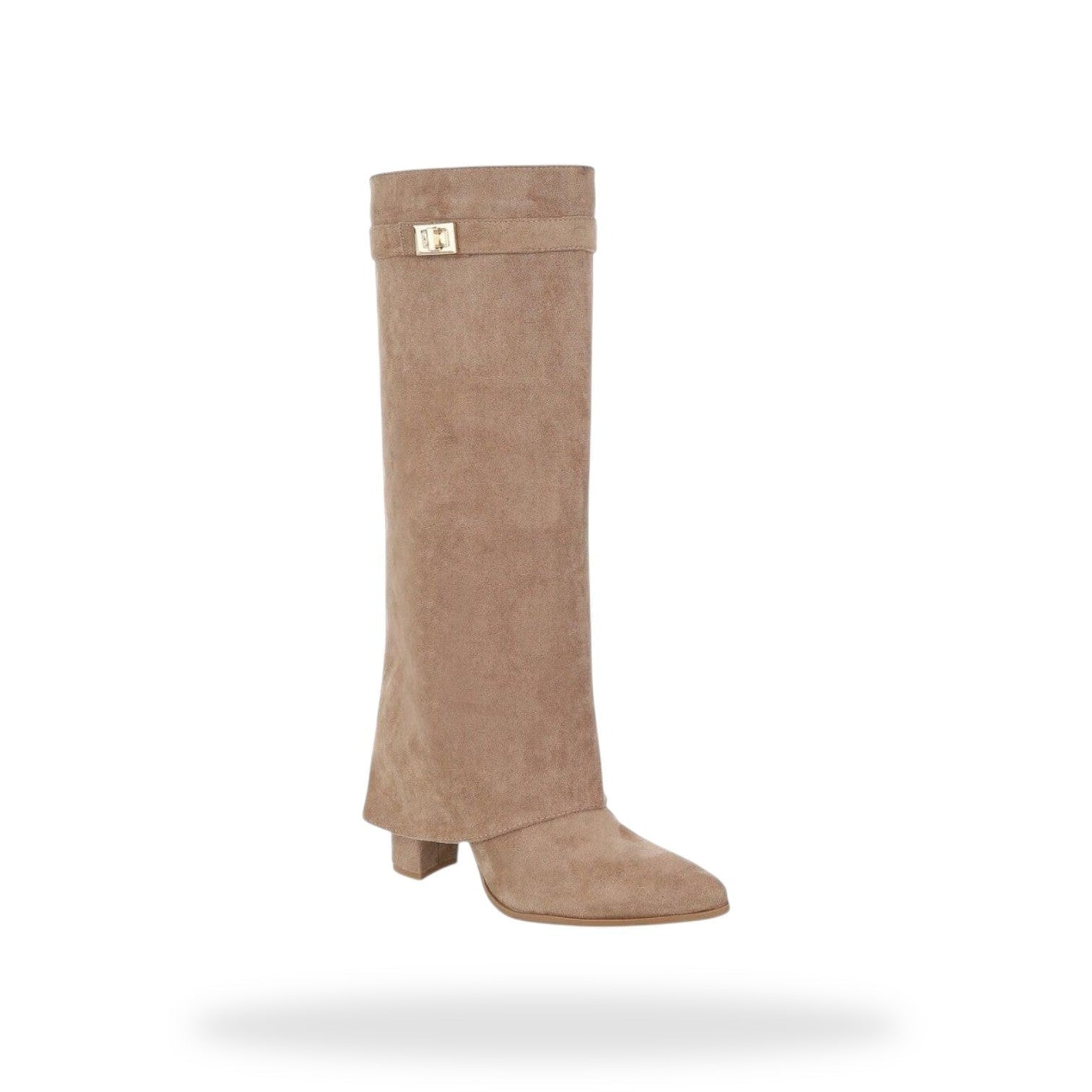 Fold Over Knee High Boots – Taupe Suède Look | Fes – gespiegeld