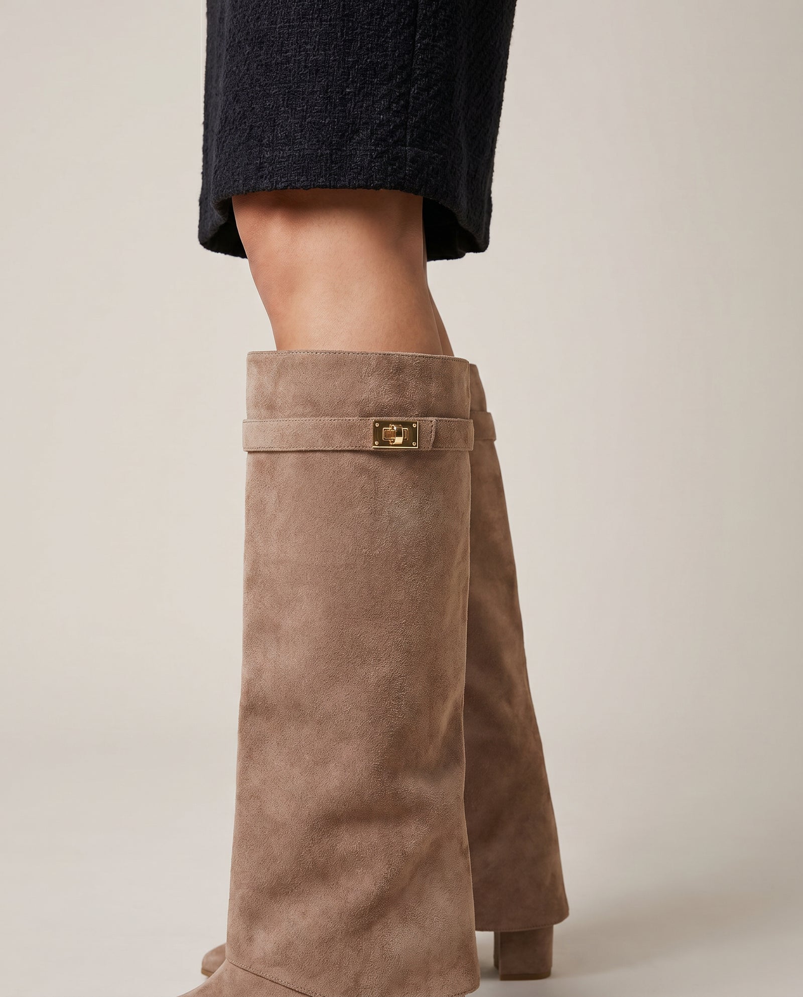 Fold Over Knee High Boots – Taupe Suède Look | Fes – model studio