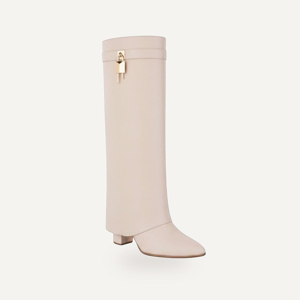 Fold Over Knee High Boot – Beige Leder Look | Tren – gespiegeld