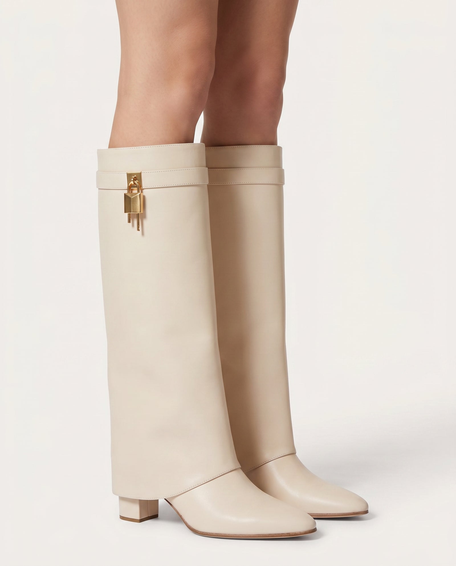 Fold Over Knee High Boot – Beige Leder Look | Tren – model studio