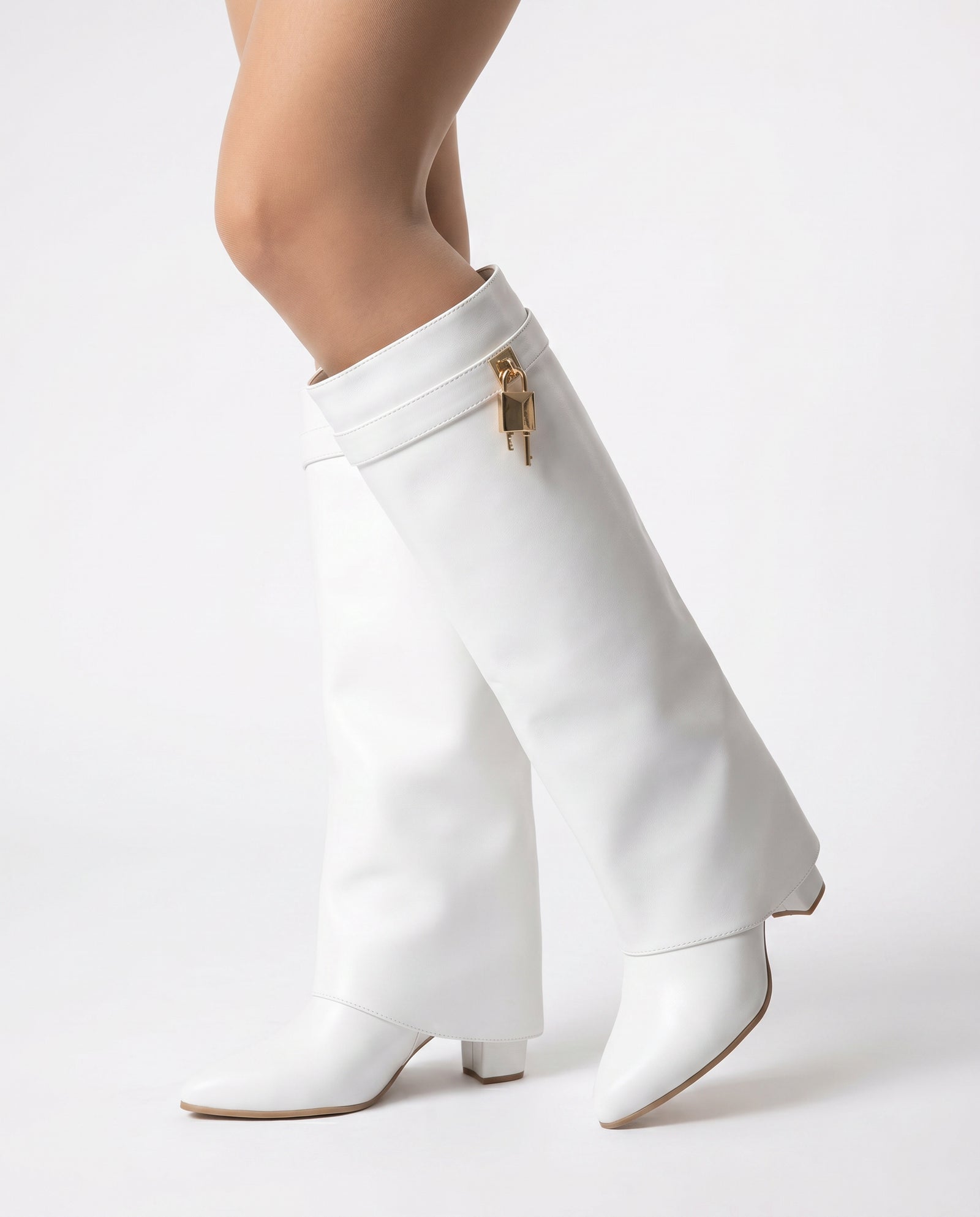 Fold Over Knee High Boots – Wit Leder Look | Festi – model studio