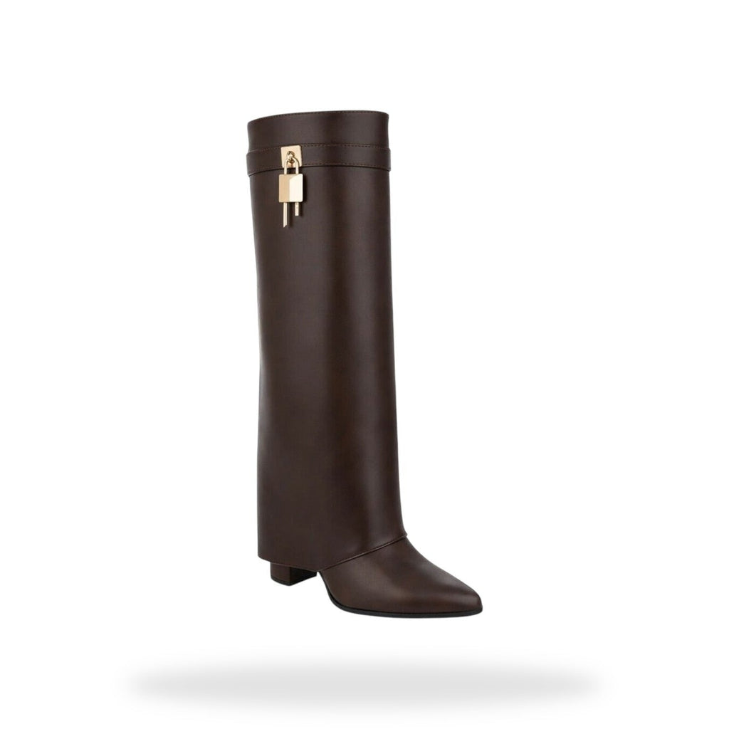 Fold Over Knee High Boot – Donkerbruin met Gouden  – gespiegeld