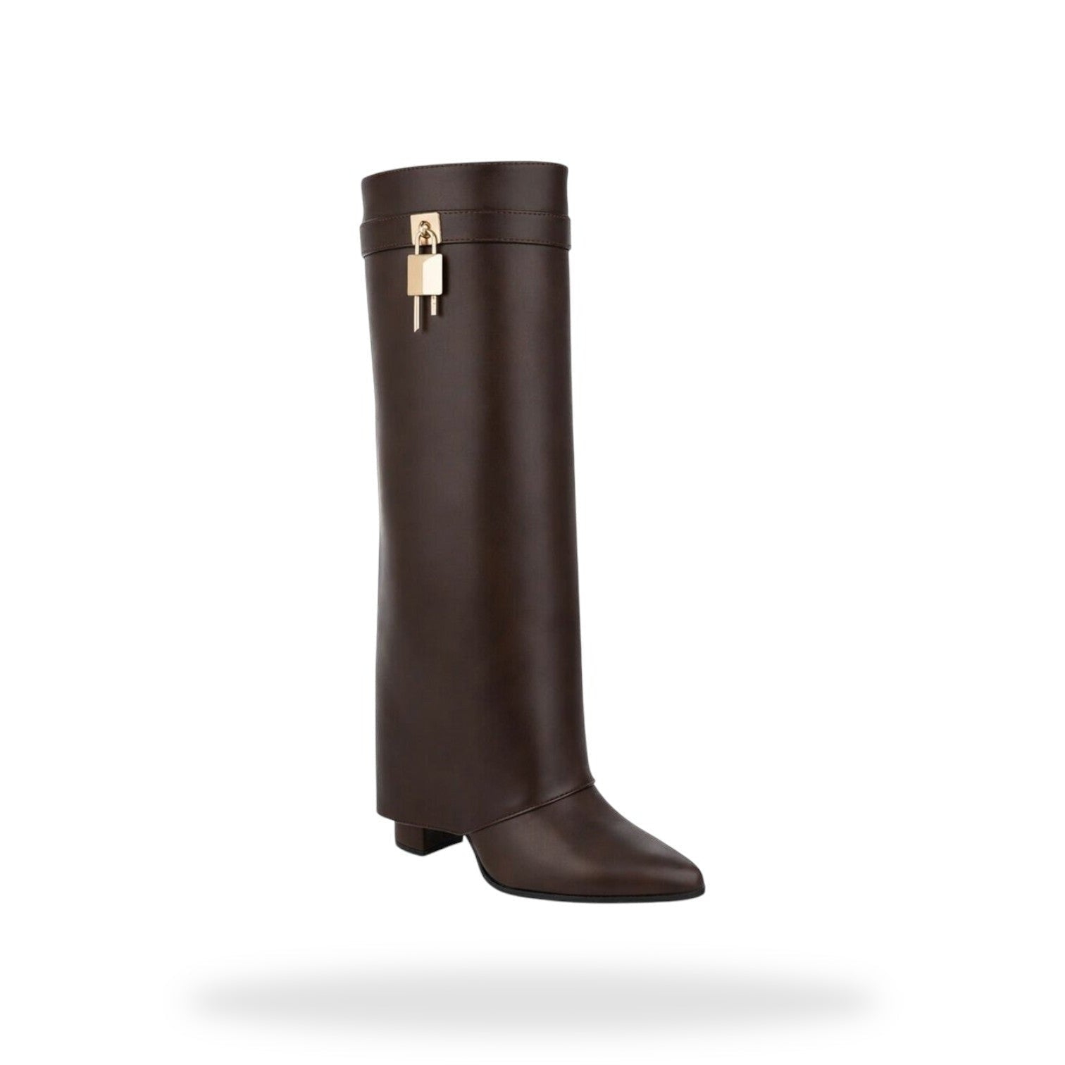 Fold Over Knee High Boot – Donkerbruin met Gouden  – gespiegeld