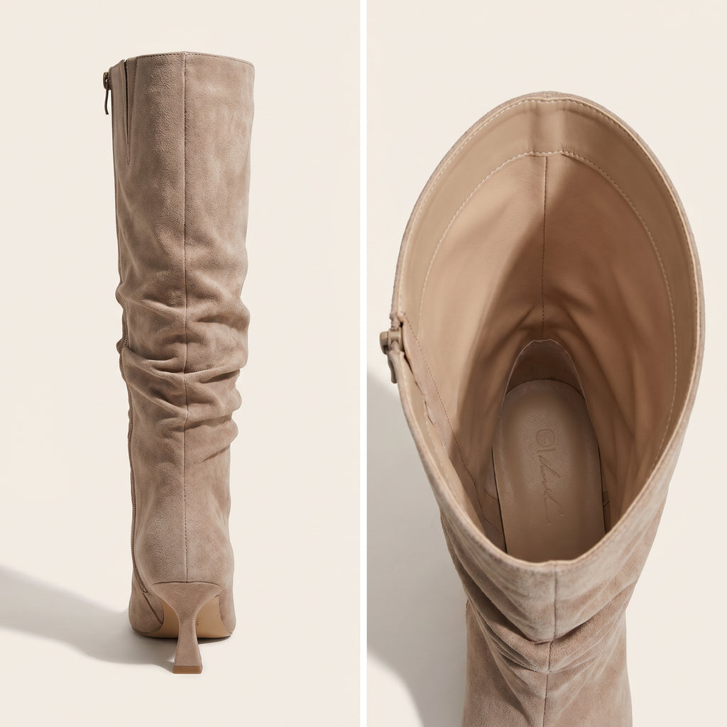 Ruched Knee High Boots – Beige Suède Look | Puntne – achterkant
