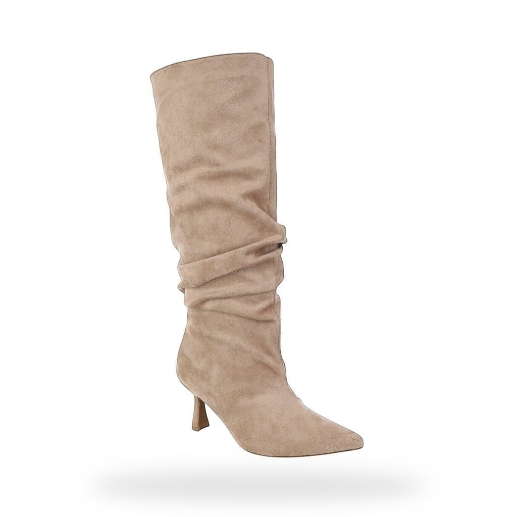 Ruched Knee High Boots – Beige Suède Look | Puntne – gespiegeld