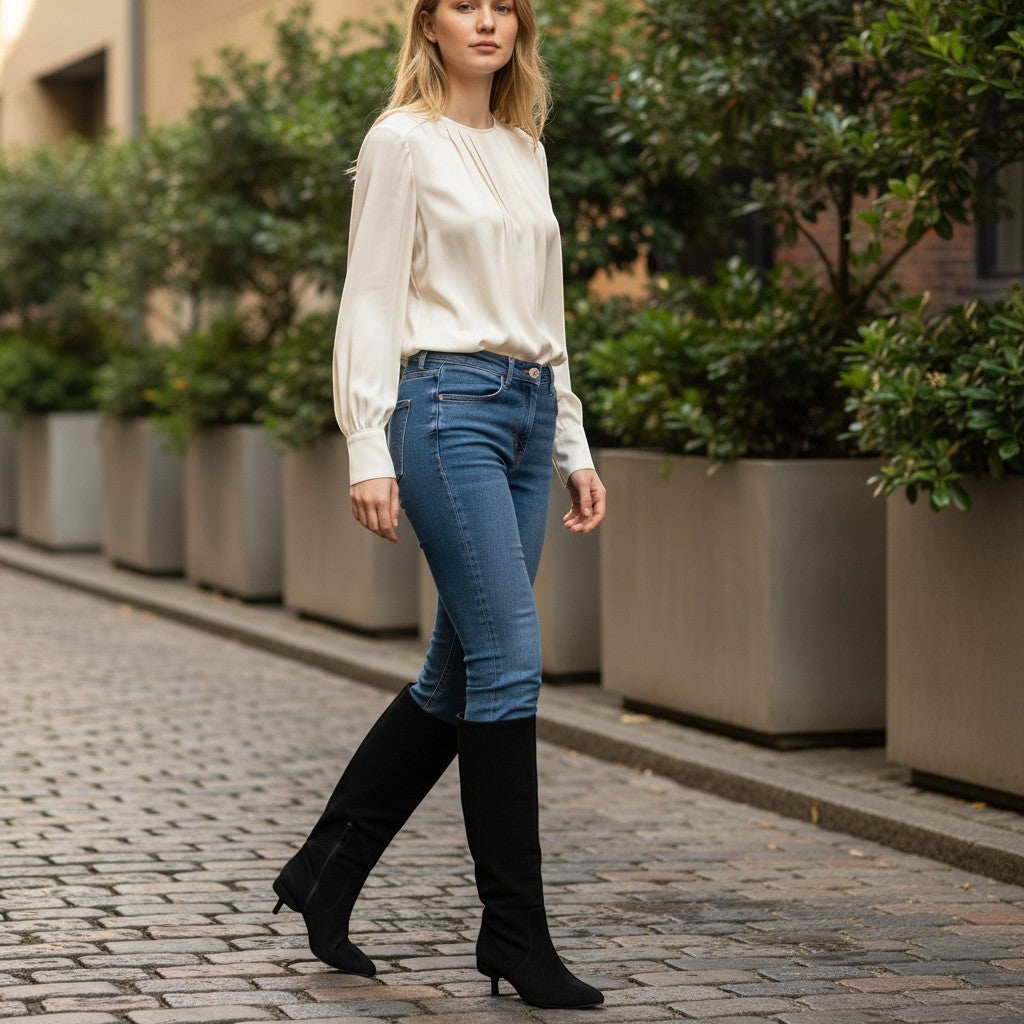 Fold Over Knee High Boots – Zwart Suède Look met S – gespiegeld