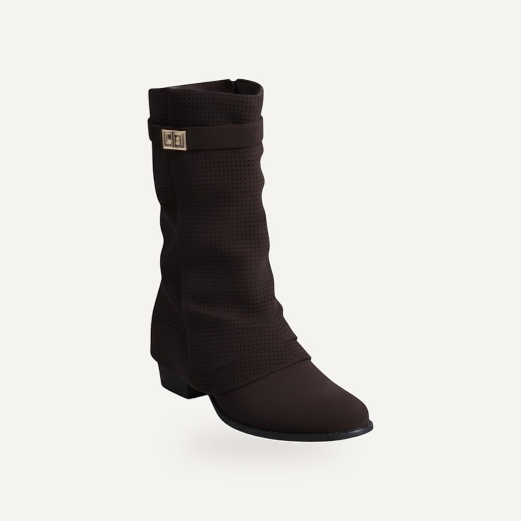 Perforated Buckle Strap Boot – Zwart Suède Look |  – gespiegeld