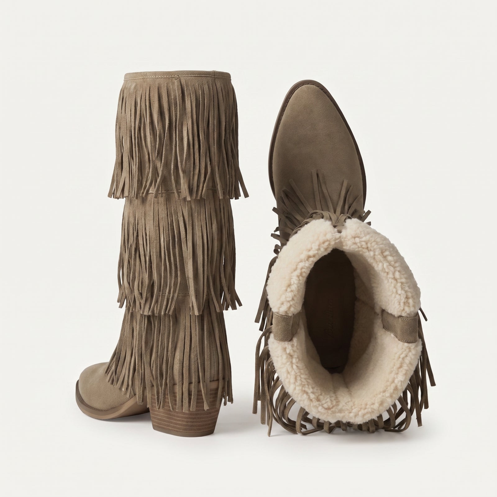 Tiered Fringe Suede Boots – Beige | Boho Festival  – achterkant