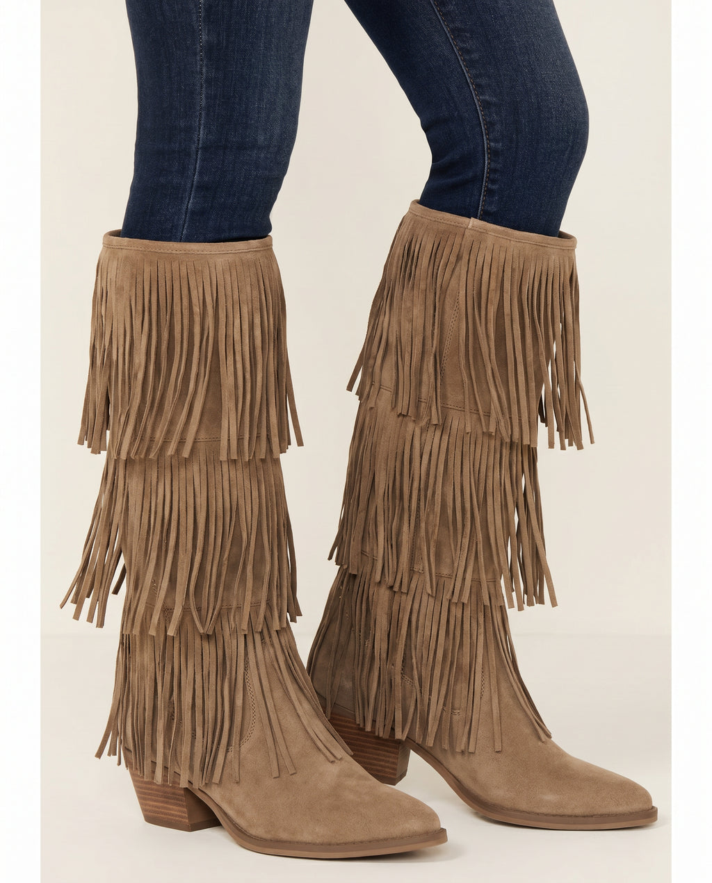 Tiered Fringe Suede Boots – Beige | Boho Festival  – model studio