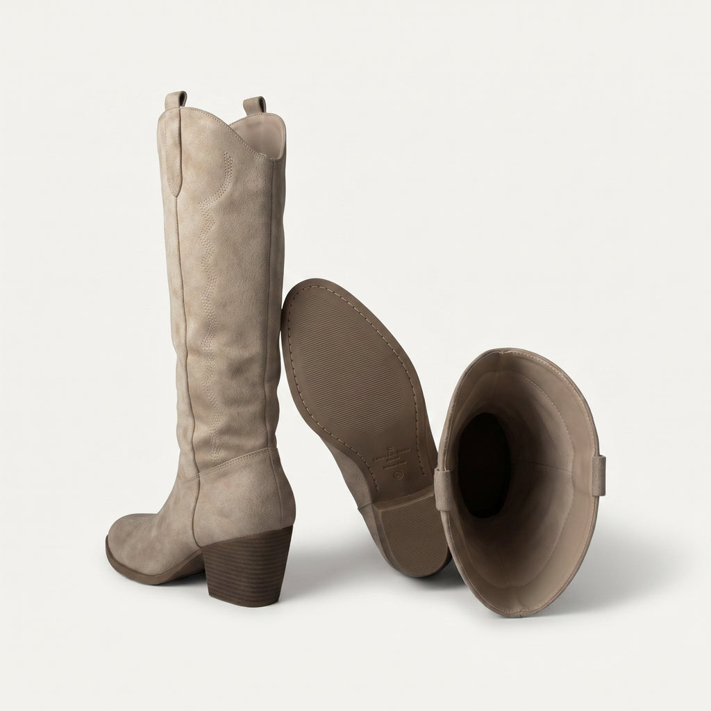 Beige Cowboy Laarzen Dames – Suède Look | Western Boots – achterkant detail