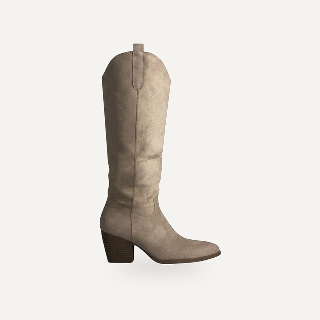 Beige Cowboy Laarzen Dames – Suède Look | Western Boots – gespiegeld