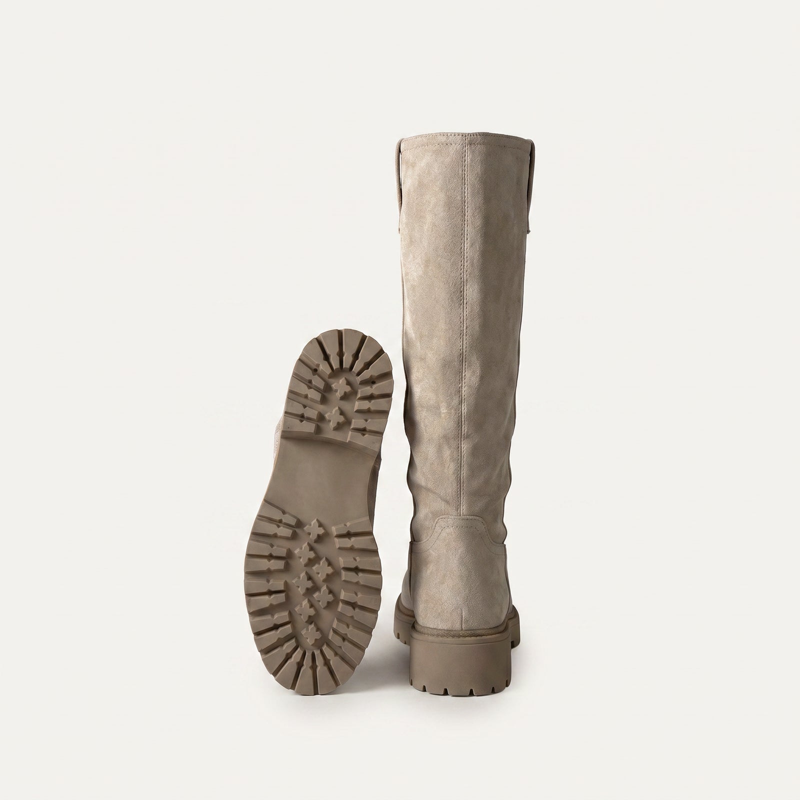 Beige Micro Suède Knee High Boots met Profielzool | Hoge Laarzen Dames – achterkant detail