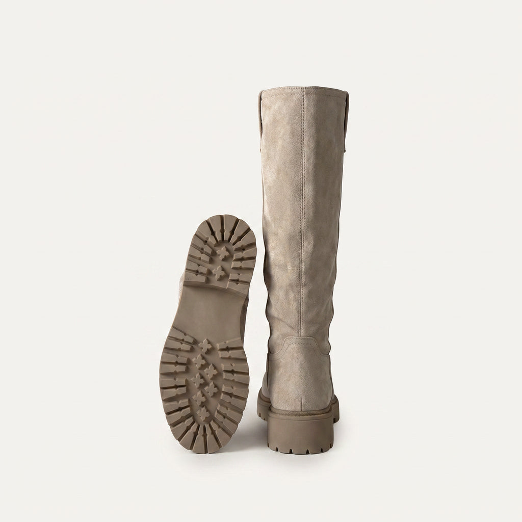 Beige Micro Suède Knee High Boots met Profielzool | Hoge Laarzen Dames – achterkant detail