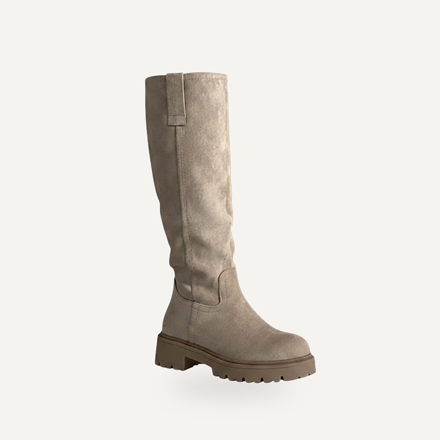 Beige Micro Suède Knee High Boots met Profielzool | Hoge Laarzen Dames – gespiegeld