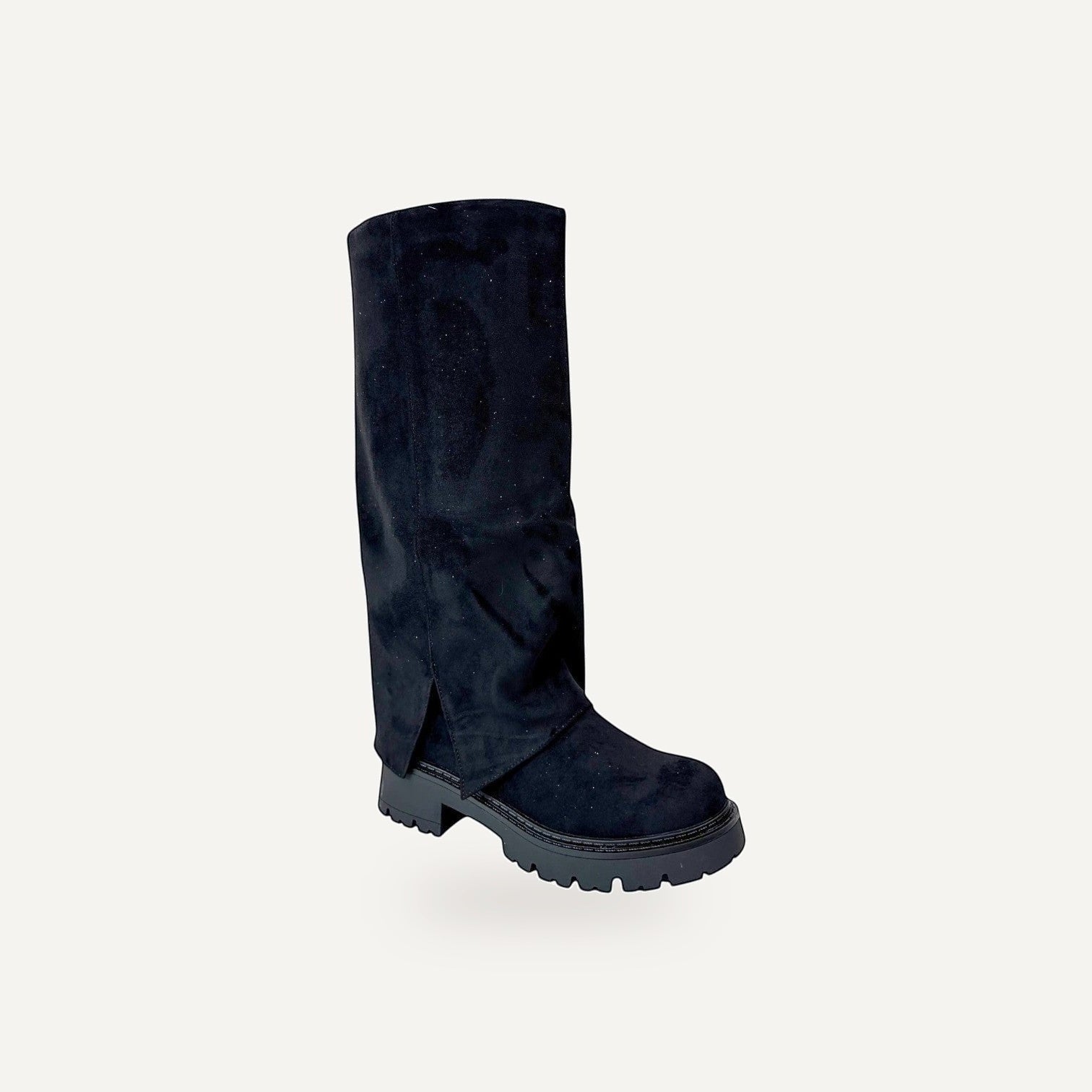 Tall Suede Slit Boot – Zwart | Stoere Hoge Laarzen – gespiegeld