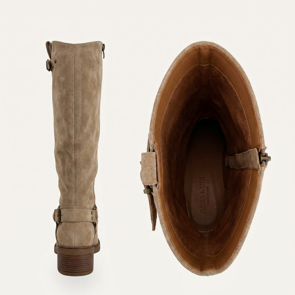 Suede Knee High Boots met Gesp – Beige | Western L – achterkant