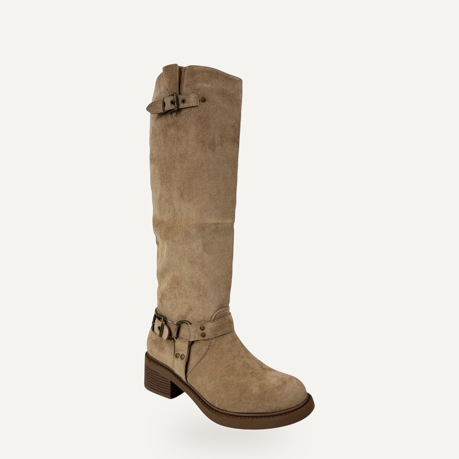 Suede Knee High Boots met Gesp – Beige | Western L – gespiegeld
