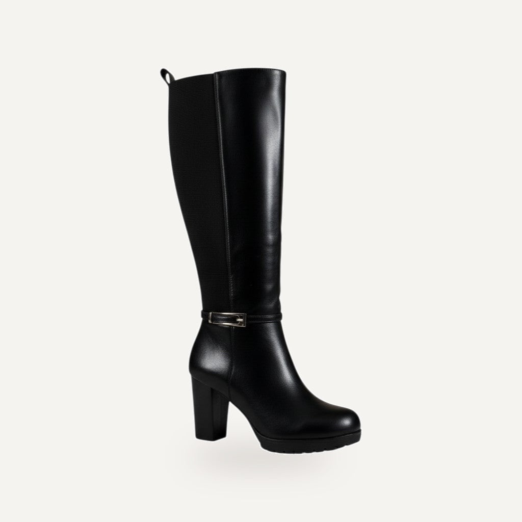 Tall Heeled Rijlaarzen Dames – Zwart Leder Look |  – gespiegeld