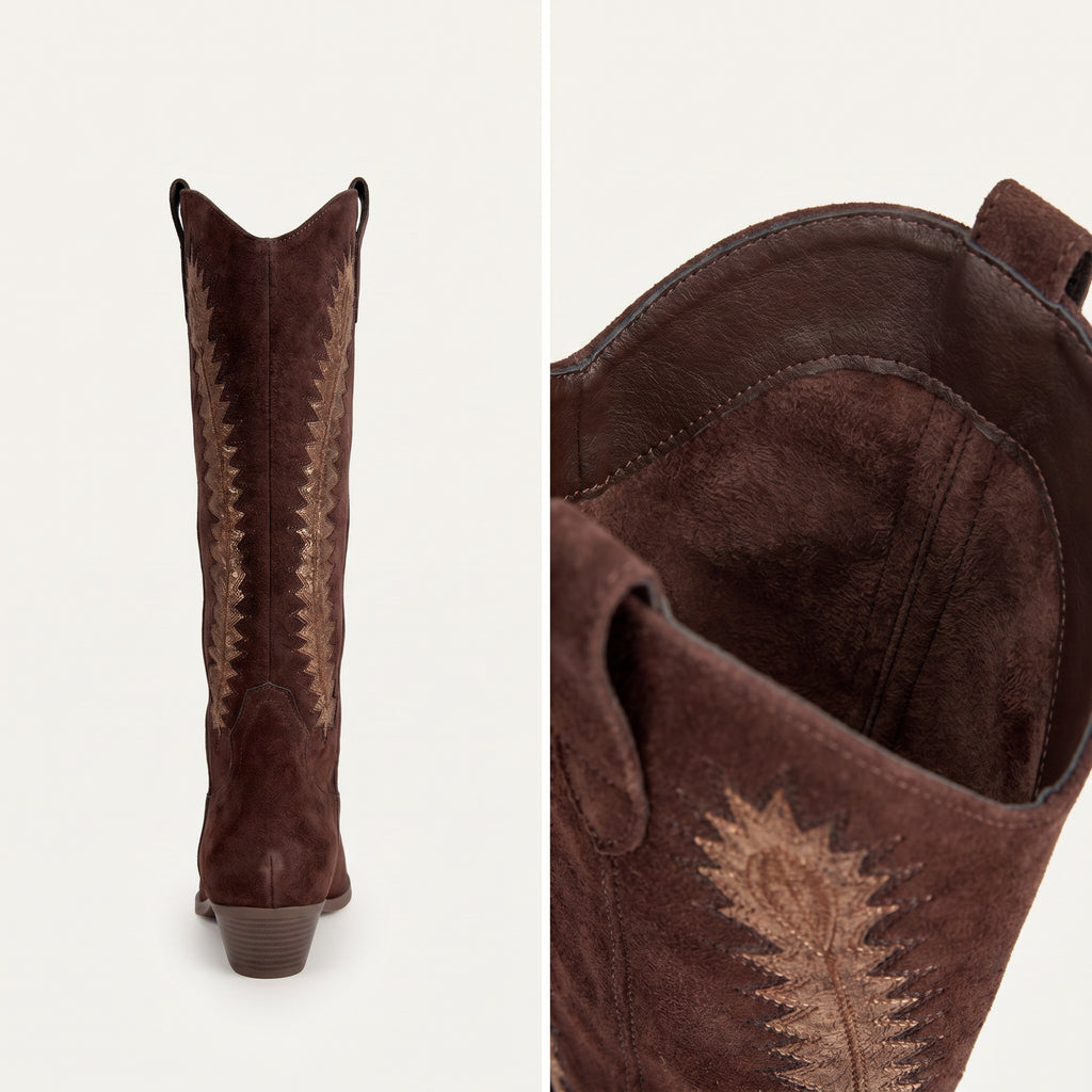 Bruine Micro Suède Cowboy Boots met Contrast Bordu – achterkant