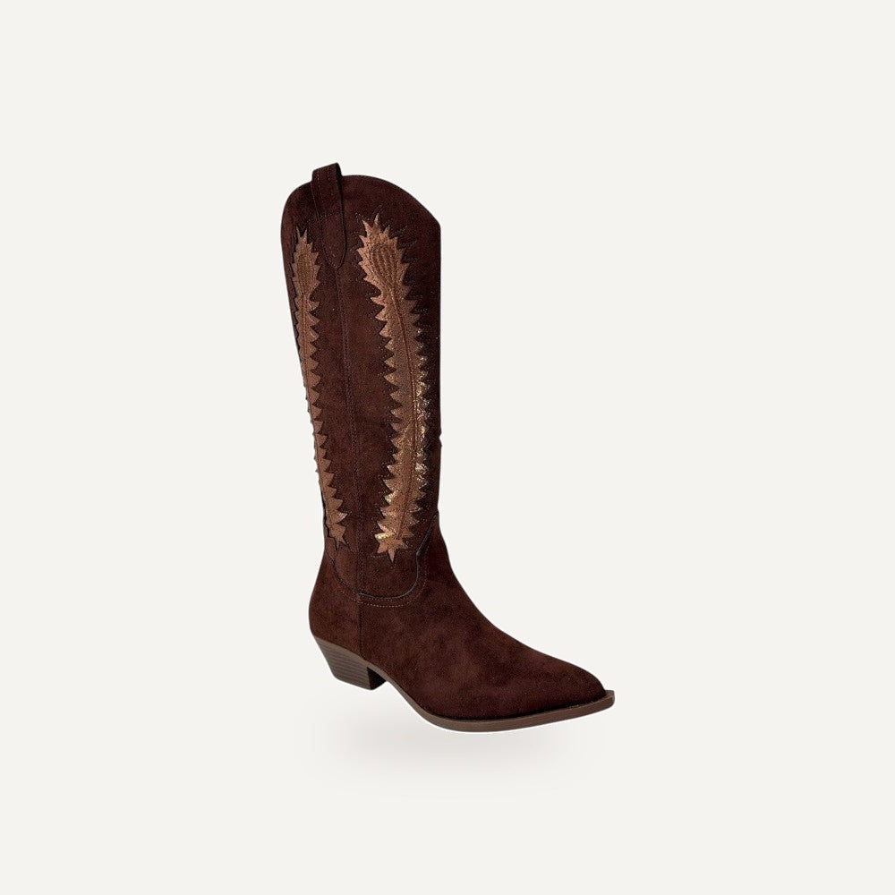 Bruine Micro Suède Cowboy Boots met Contrast Bordu – gespiegeld