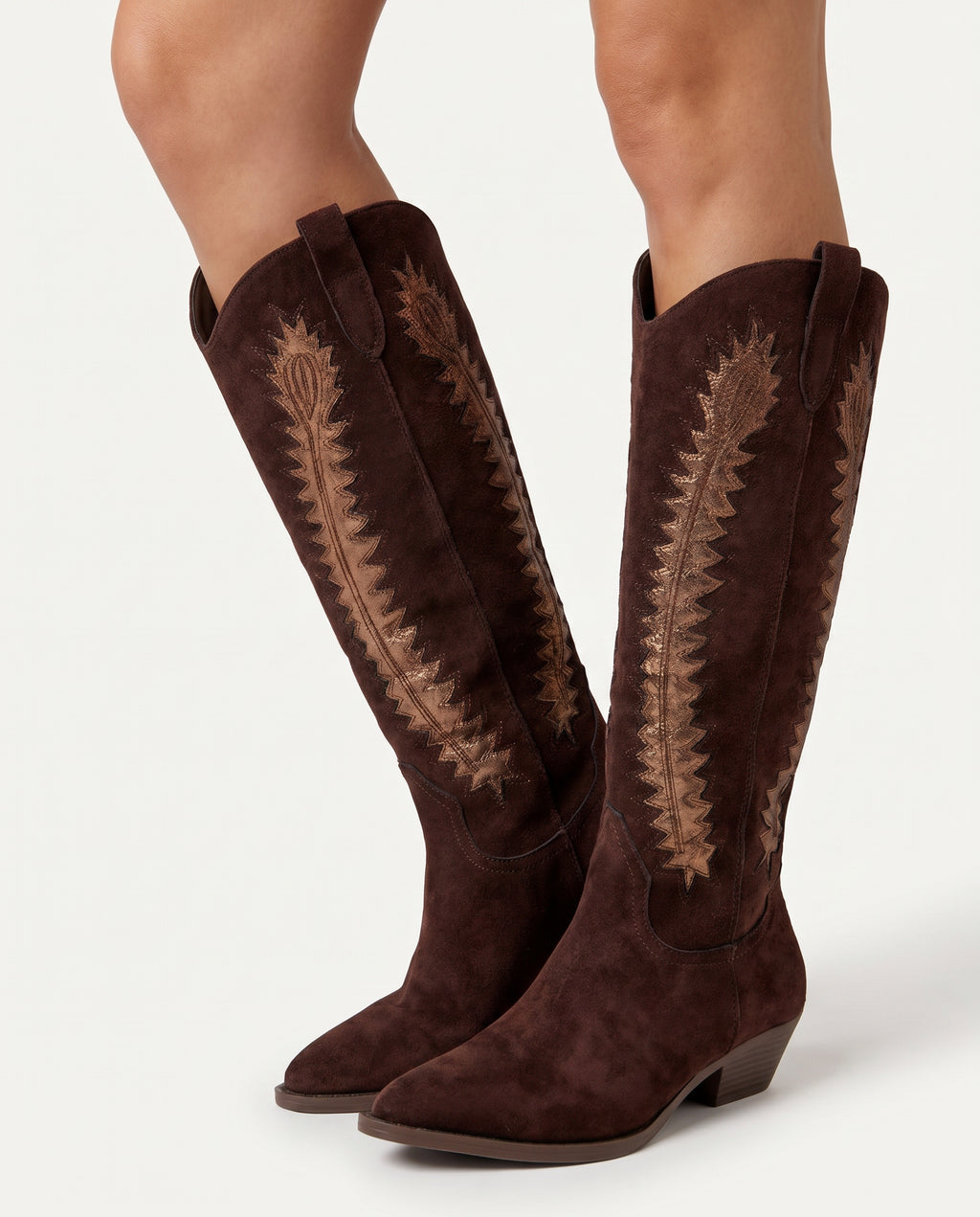 Bruine Micro Suède Cowboy Boots met Contrast Bordu – model studio