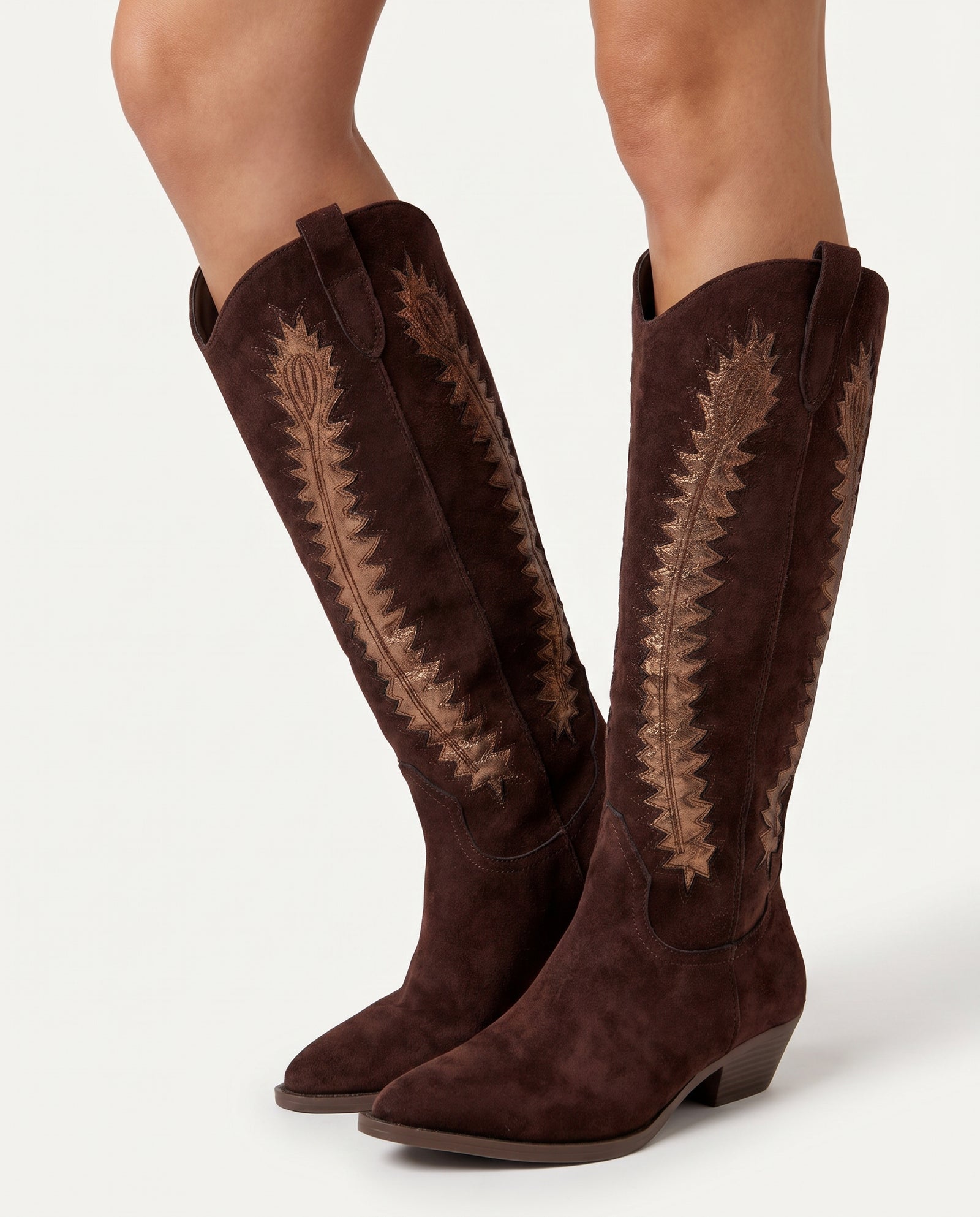 Bruine Micro Suède Cowboy Boots met Contrast Bordu – model studio