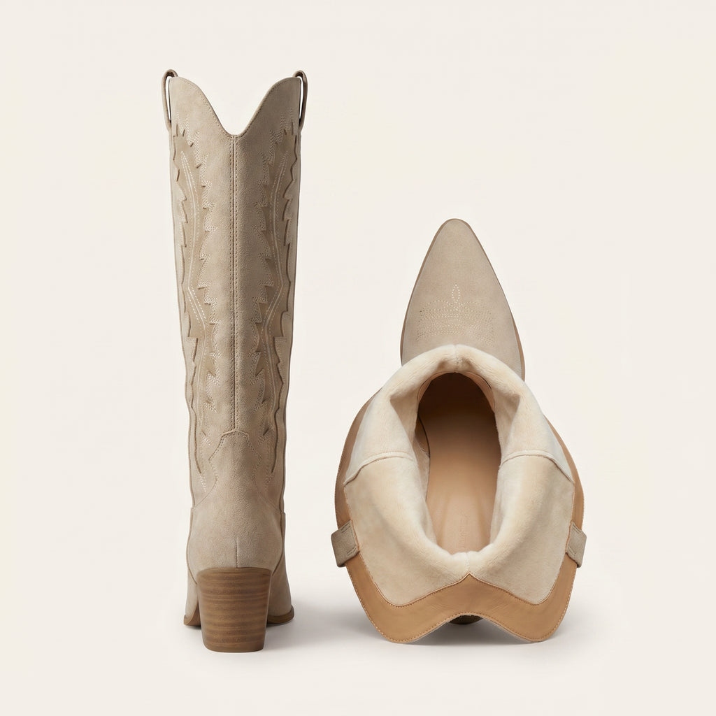 Beige Western Knee High Boots – Micro Suède | Festival Laarzen Dames – achterkant detail