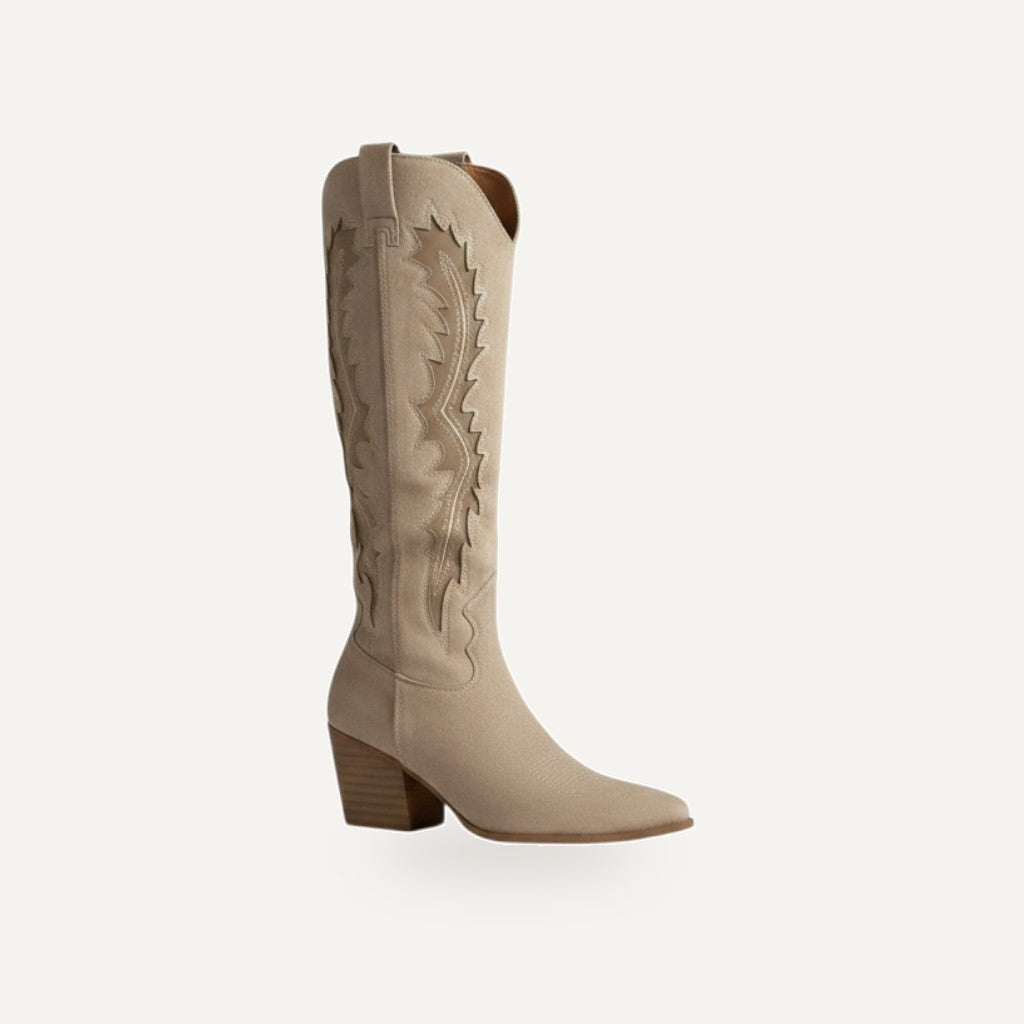 Beige Western Knee High Boots – Micro Suède | Festival Laarzen Dames – gespiegeld