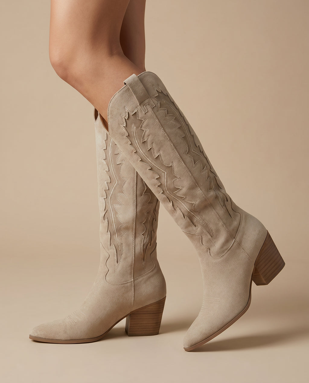 Beige Western Knee High Boots – Micro Suède | Festival Laarzen Dames – model studio