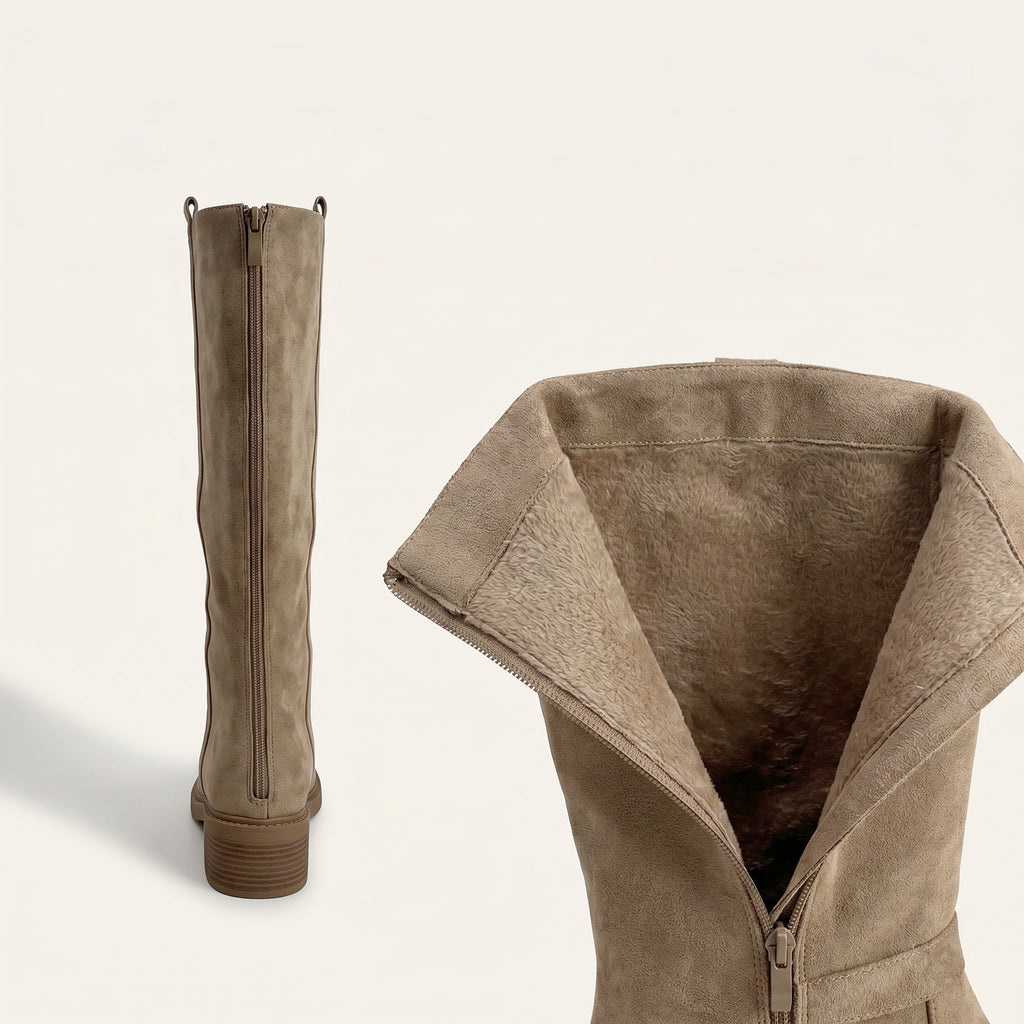 Beige Micro Suède Hoge Laarzen Dames – Basic Fashion Boots – achterkant detail