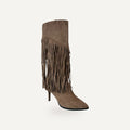 Bruine Fringe Knee High Boots – Micro Suède | Fest – gespiegeld