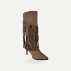 Bruine Fringe Knee High Boots – Micro Suède | Fest – gespiegeld