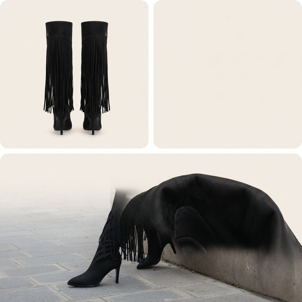 Zwarte Fringe Knee High Boots – Boho Micro Suède | – achterkant
