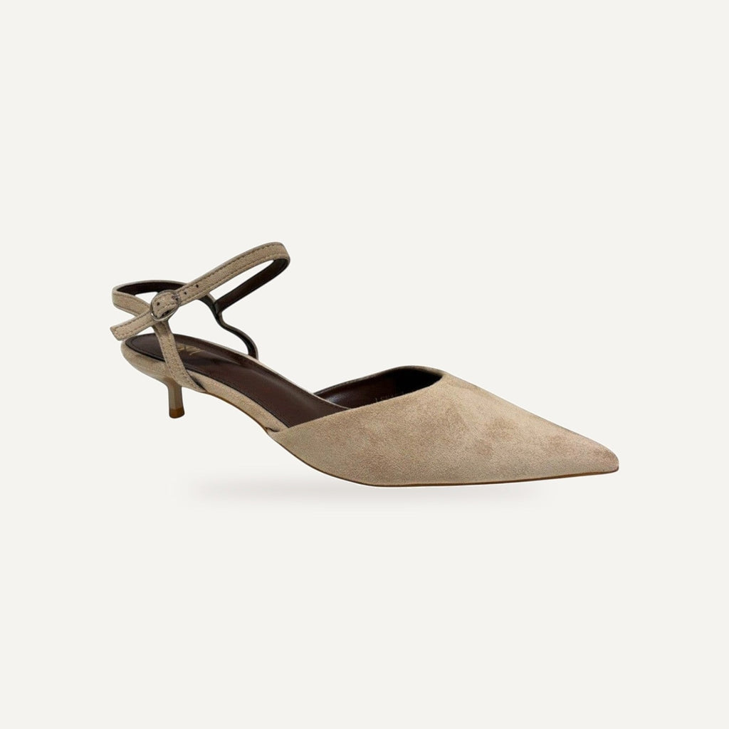 Beige Kitten Heels Dames – Puntneus met Enkelbandje | Suède Look – gespiegeld