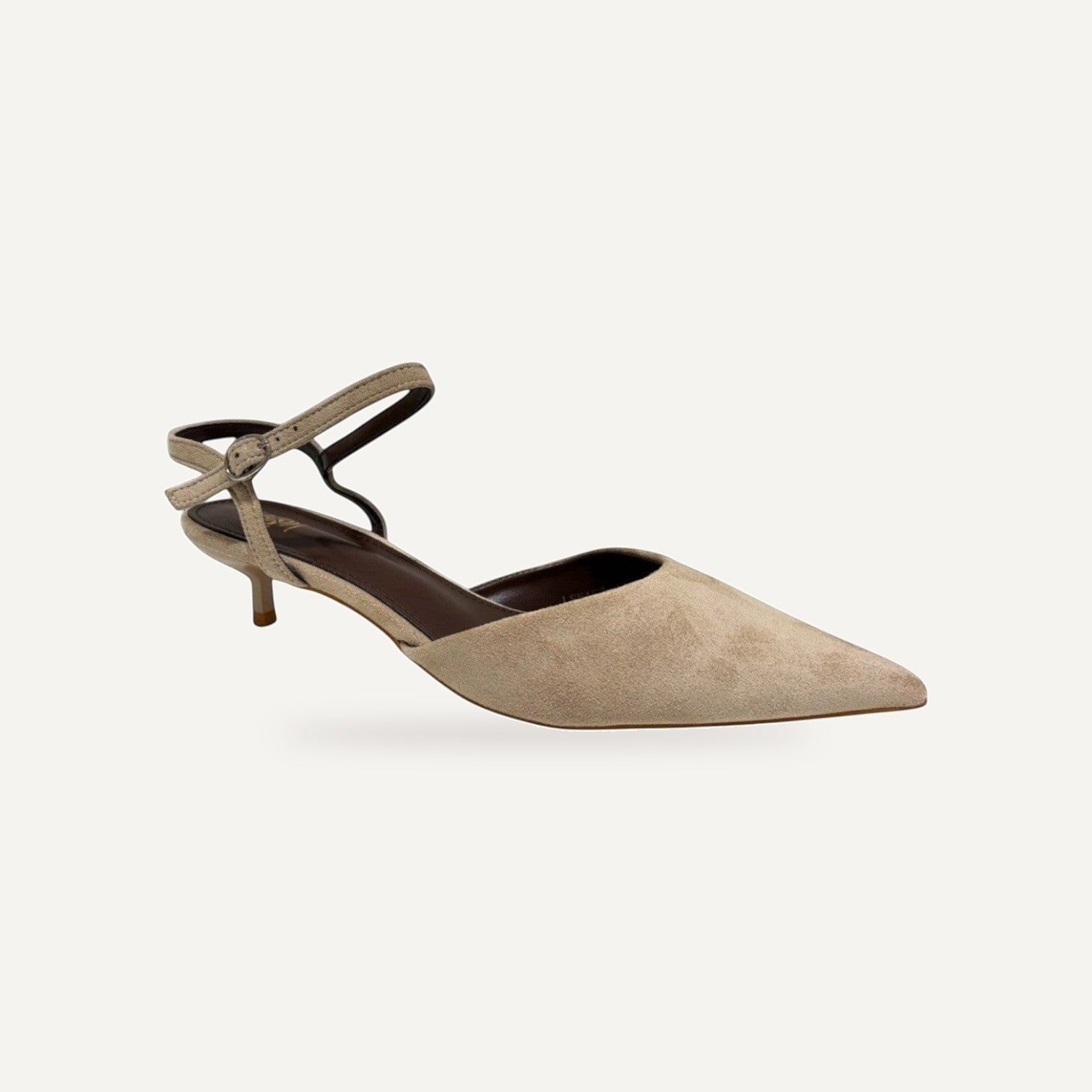 Beige Kitten Heels Dames – Puntneus met Enkelbandje | Suède Look – gespiegeld