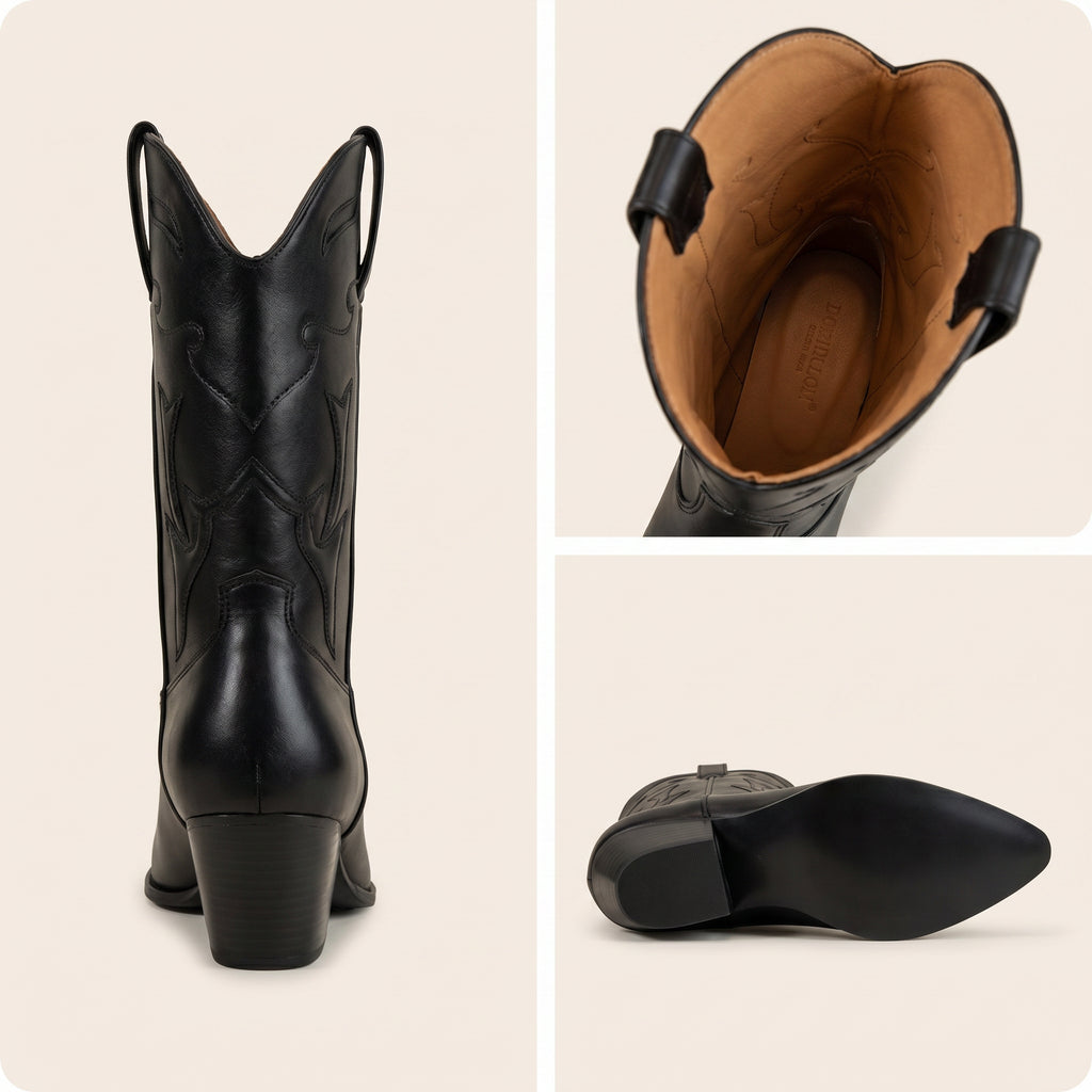 Zwarte Western Cowboy Enkellaarsjes Dames – Leder  – achterkant