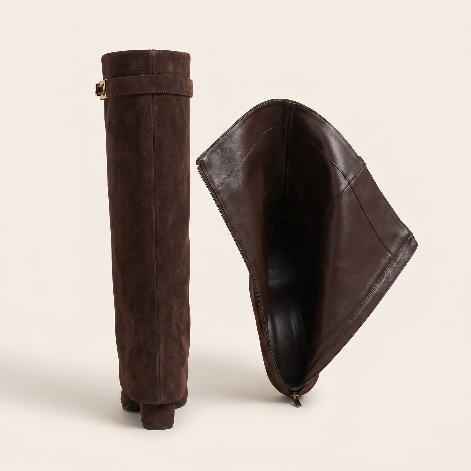 Donkerbruine Foldover Knee High Boots – Suède Look – achterkant