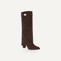 Donkerbruine Foldover Knee High Boots – Suède Look – gespiegeld