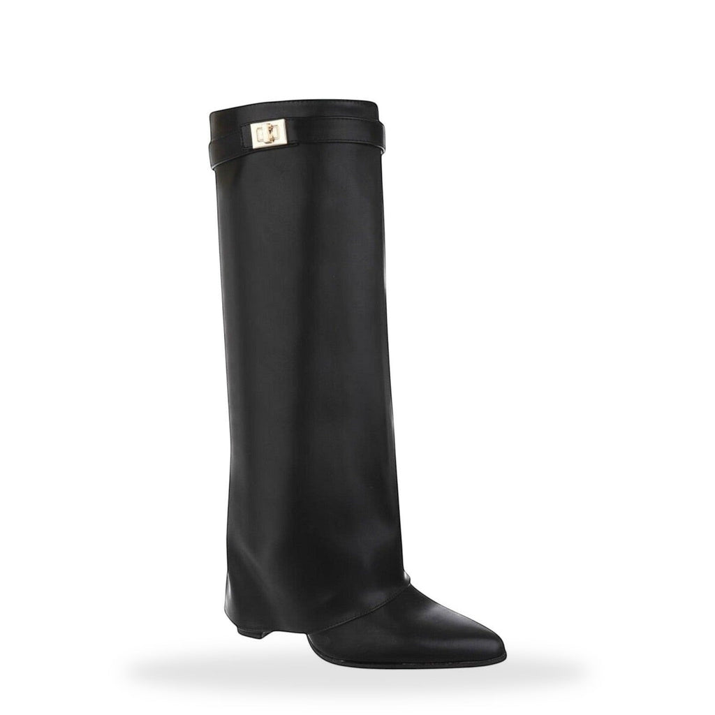 Zwarte leder look laars met omslag en gouden detai – gespiegeld
