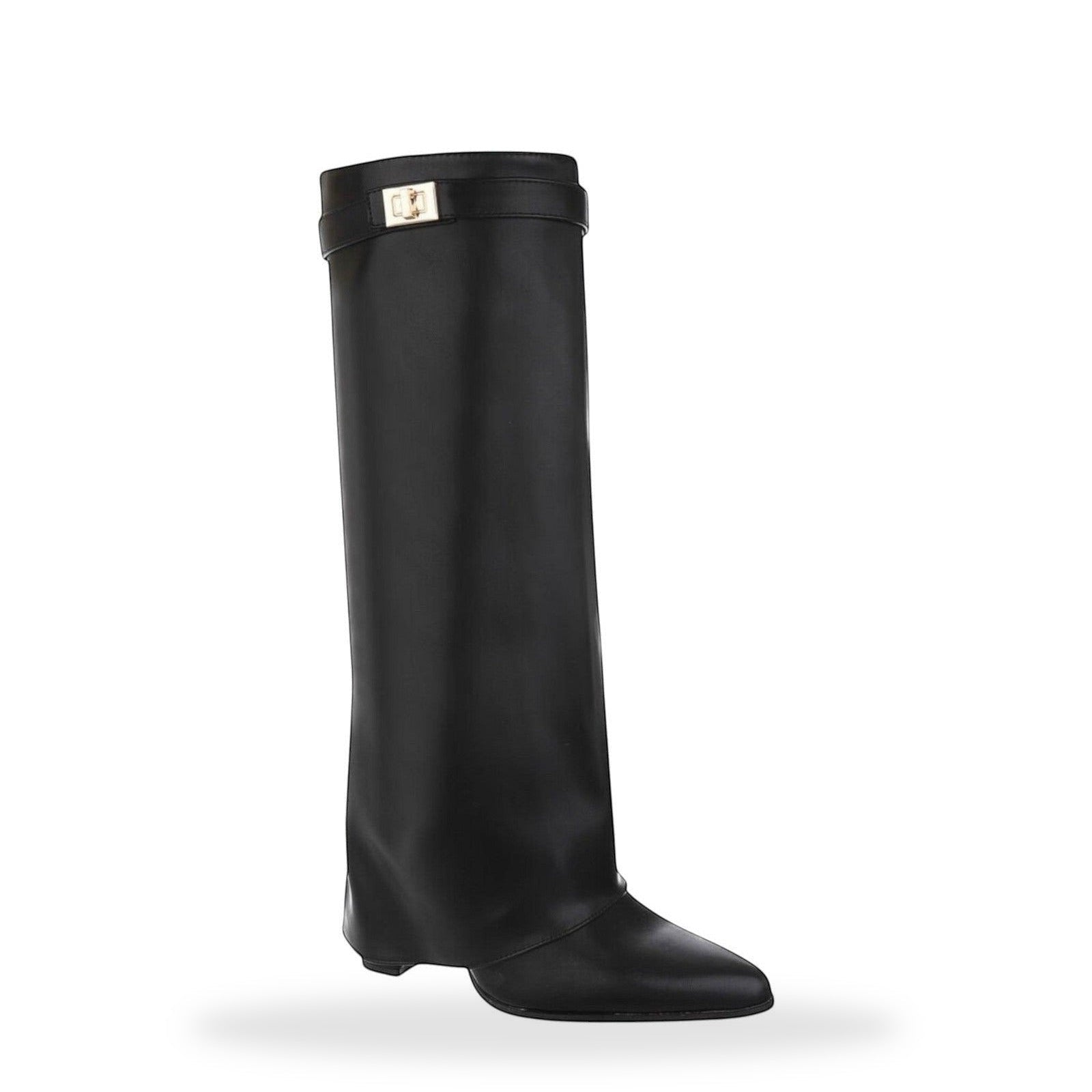 Zwarte leder look laars met omslag en gouden detai – gespiegeld
