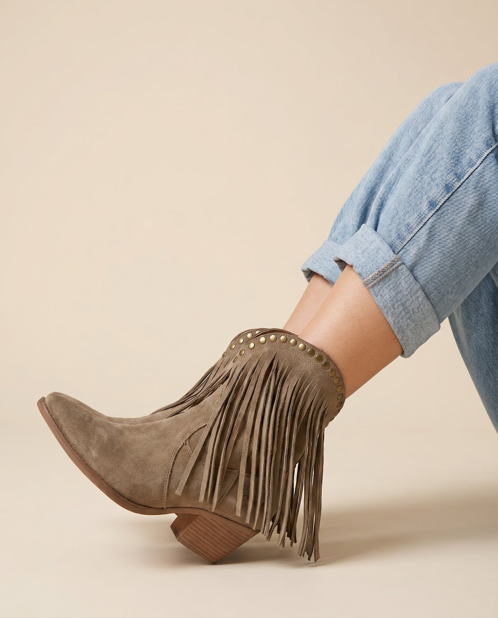 Khaki Suede Fringe Western Boot | Boho Festival La – model studio