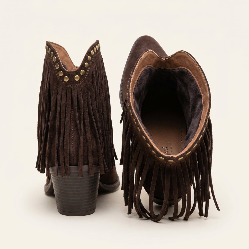 Bruine Boho Enkellaarsjes met Franjes – Suède Look – achterkant