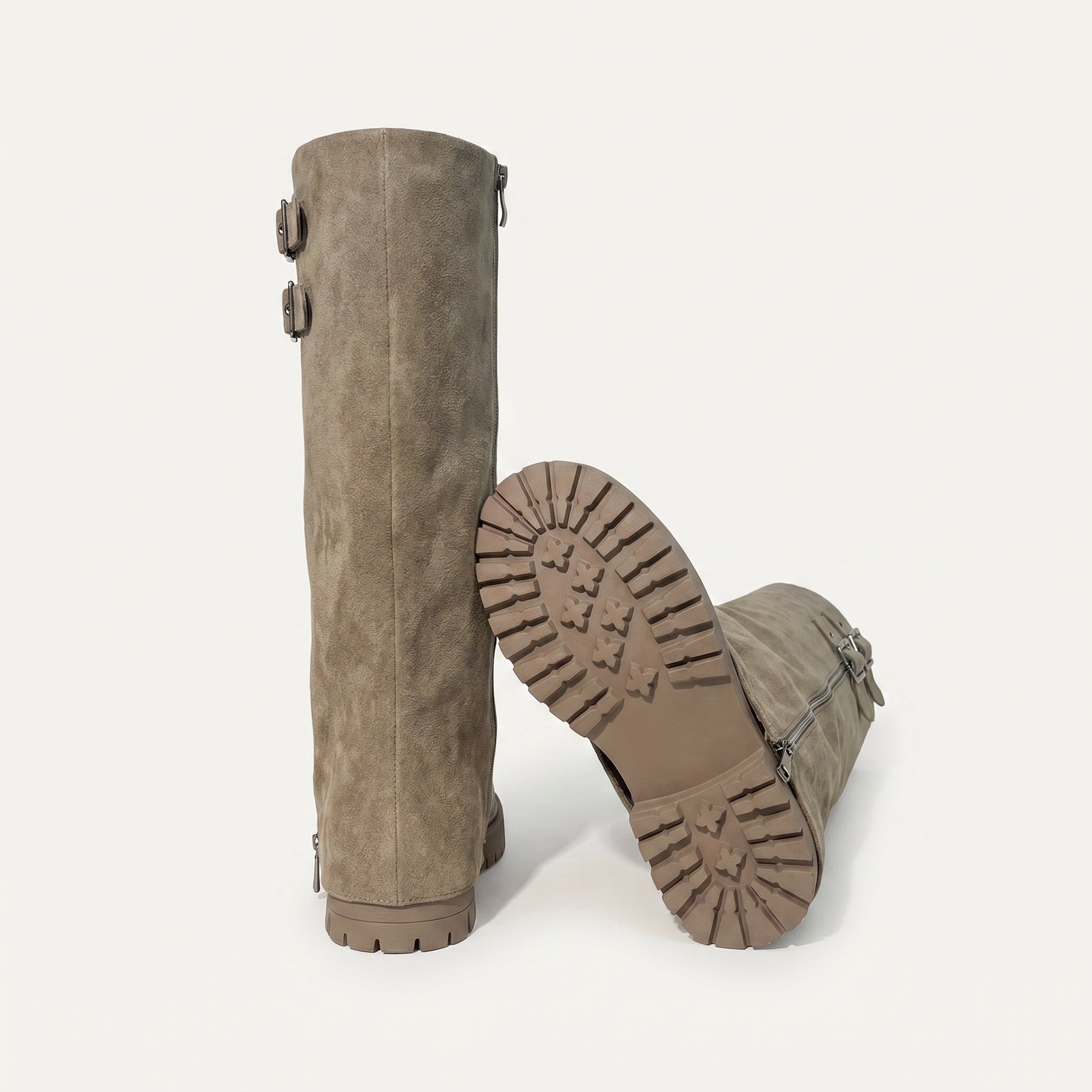 Beige Micro Suède Hoge Laarzen met Gesp – Chunky Zool | Dames Boots – achterkant detail