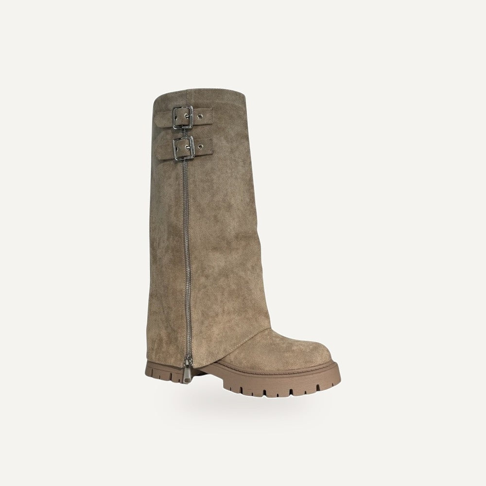 Beige Micro Suède Hoge Laarzen met Gesp – Chunky Zool | Dames Boots – gespiegeld