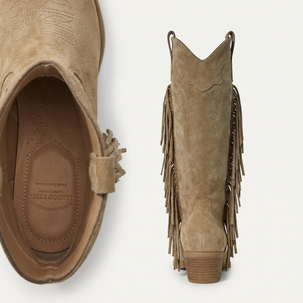 Beige Boho Cowboy Laarzen met Franjes – Trendy Festival Boots Dames – achterkant detail