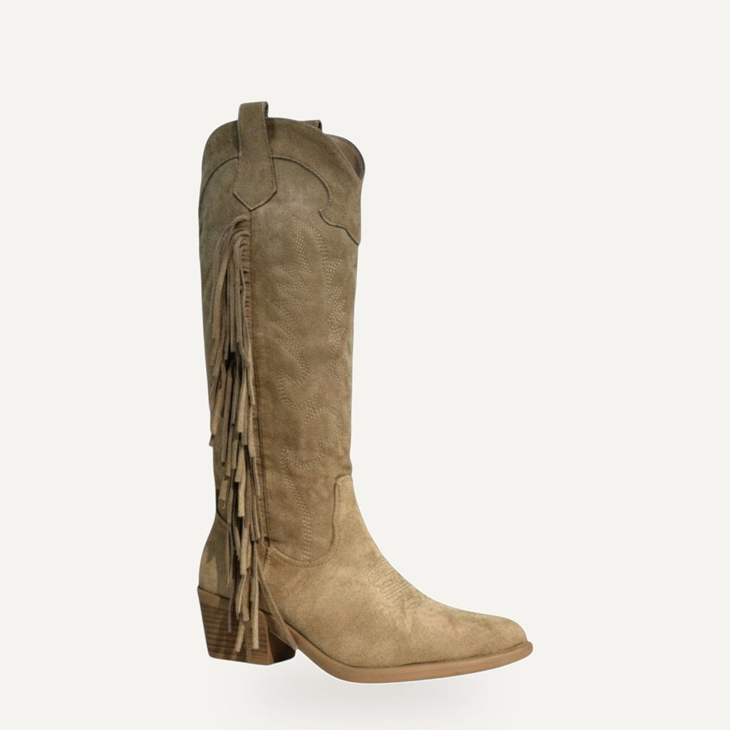 Beige Boho Cowboy Laarzen met Franjes – Trendy Festival Boots Dames – gespiegeld
